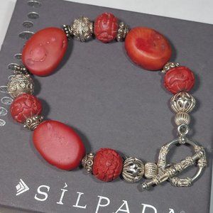 Silpada B0985 Coral Cinnabar Bead Bracelet .925 Sterling Silver Rare